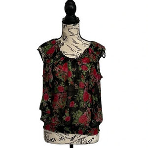 Suzy Suzy Shier Women's  Black Rose Sheer Crop Top Flutter Sleeve Blouse Top S